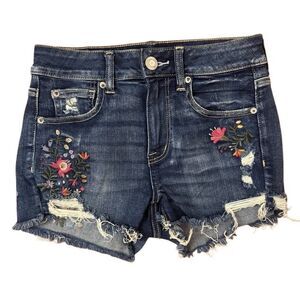 American Eagle Hi-Rise Shortie Short Dark Wash Distressed Floral Embroidery Sz 4